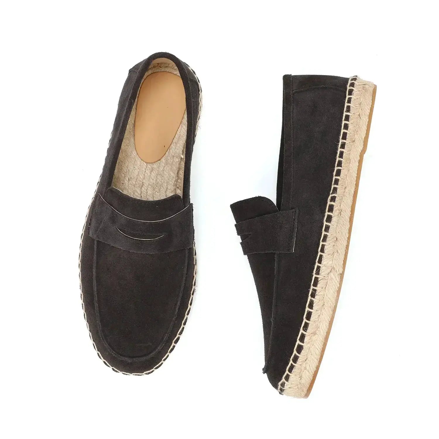 Pair of men's cow suede leather espadrilles with black upper and jute-wrapped sole