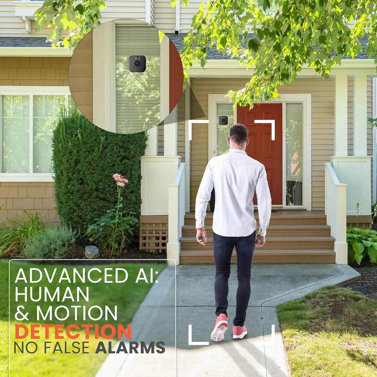 HEIYOUCAM Window Camera by Simples Market; front porch scene with a man near a red door and a circular camera inset.