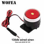 WOFEA 130db wired siren horn; red circular top, black base, with red/black wires and 3.5mm plug