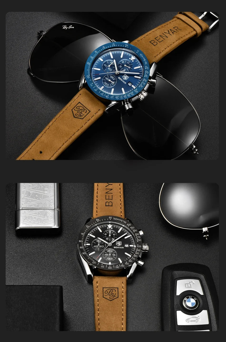Two BENYAR men's watches with tan leather straps, blue and black dials.