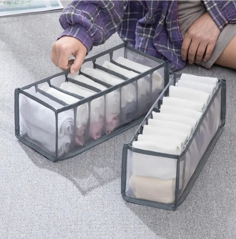 Gray fabric organizer storage boxes with clear panels and internal dividers; 2-piece set for underwear and socks.