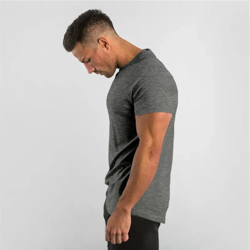 Men's gray cotton plain short-sleeve T-shirt, slim fit for gym and fitness