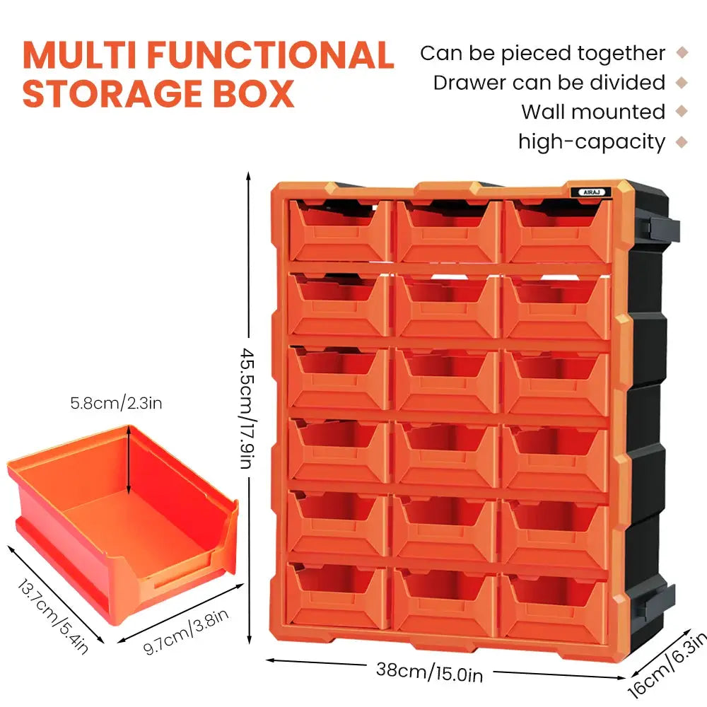 AirAJ 18/39/60-drawer spliceable plastic storage box in orange with orange organizer tray two-piece set 15-inch wide