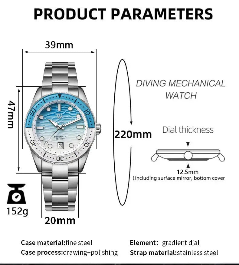 WISHDOIT men's automatic dive watch with ocean blue and white ripple dial, sapphire glass, stainless steel bracelet.
