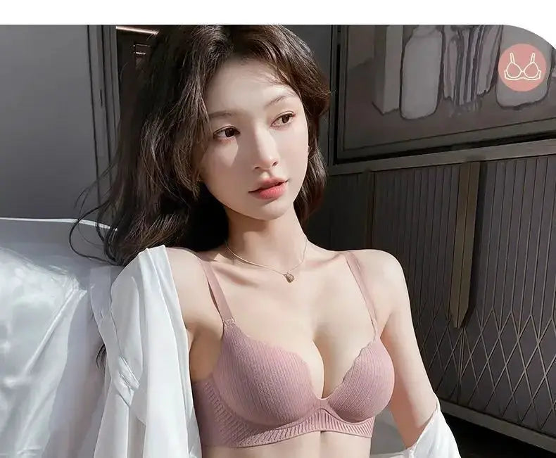 Pink push-up bra for small chests with 6cm padding and no steel ring, comfortable lift lingerie