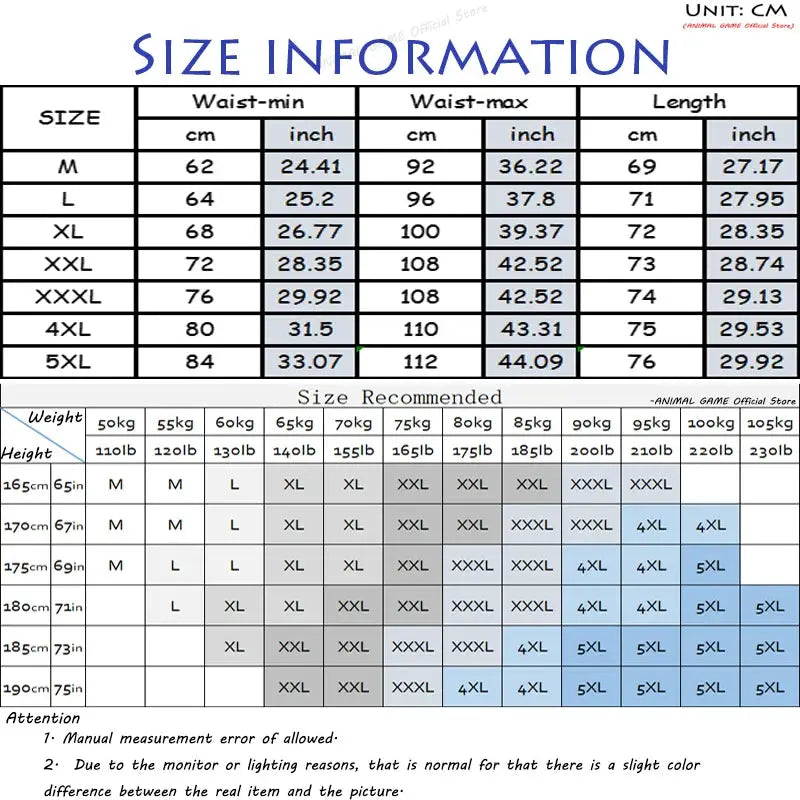 Men's summer casual linen shorts size chart with waist min/max and length in CM (M–5XL)