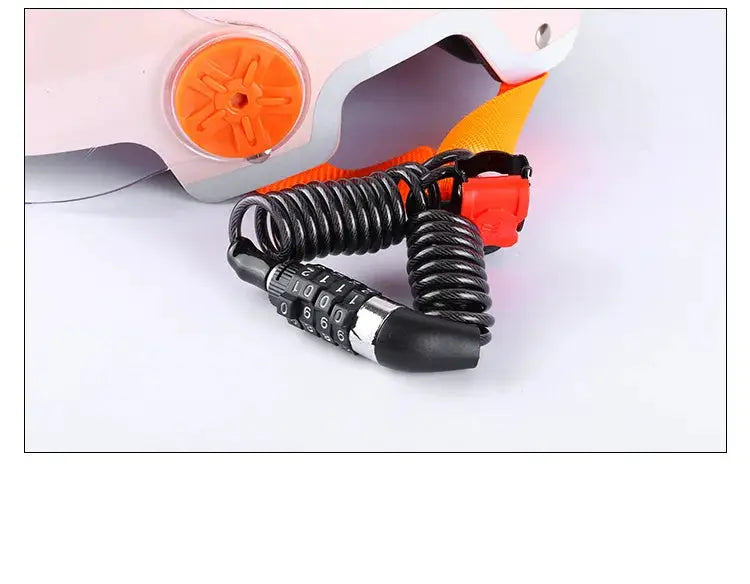 Simples Market bicycle lock with steel wire chain and 4-digit combination dials, black coiled cable, orange locking mechanism