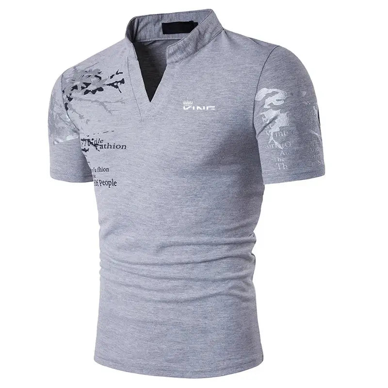 Men's polo shirt with graphic prints, gray heather, V-neck, short sleeves, Simples Market logo