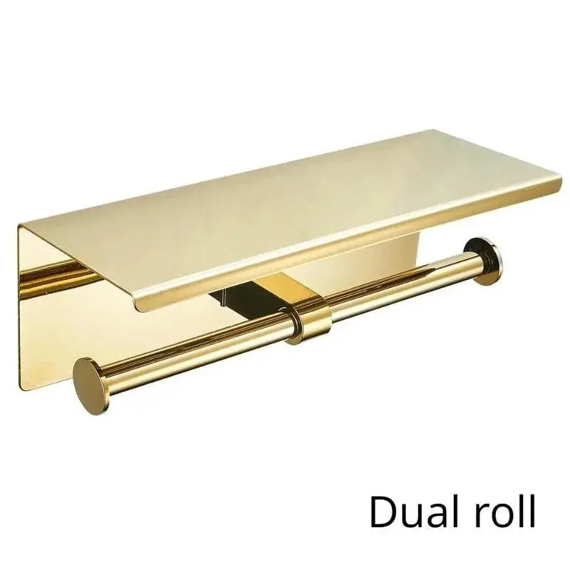 HaloHome Multifunctional Toilet Paper Holder With Shelf Wall Mounted Double Roll Towel Holder Gold Finish