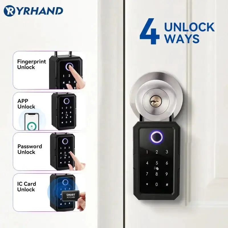 YRHAND smart lock box with 4 unlock methods: fingerprint, app, password, and IC card