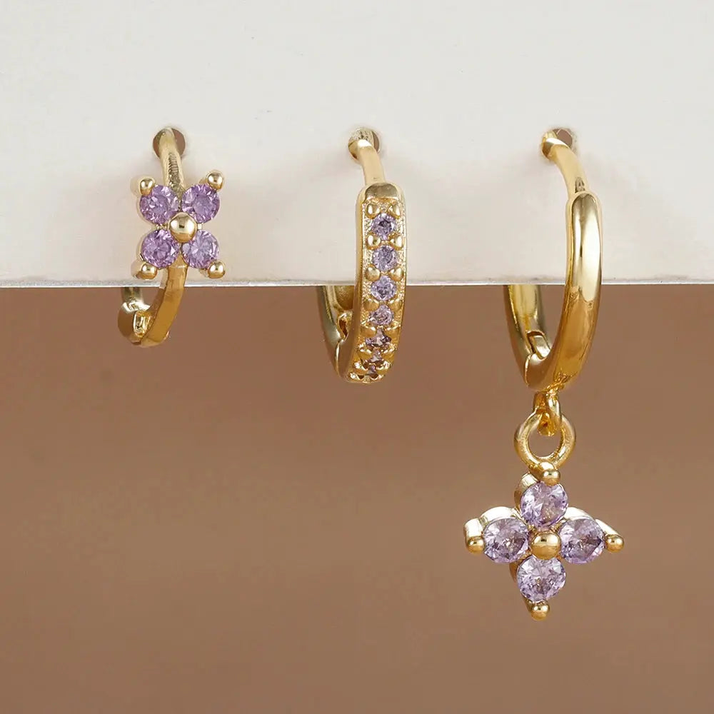 3Pcs Trendy Stainless Steel Flower Drop Earrings Set For Women Crystal Zirconia Dangle Hypoallergenic Piercing Jewelry