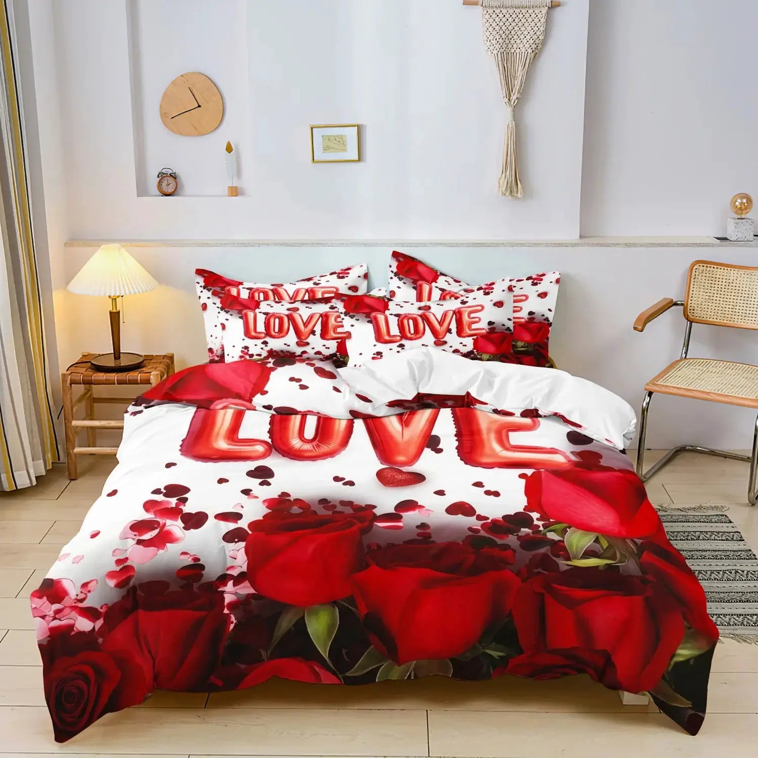 3-piece red rose bedding set by Simples Market with LOVE design; duvet cover + 2 pillowcases