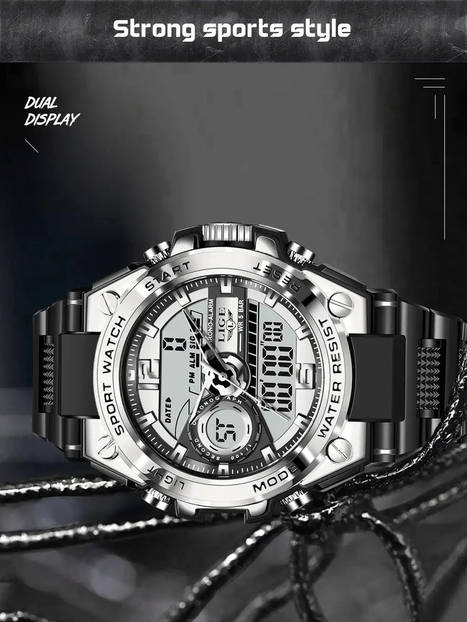 LIGE men's military sport watch with dual display, silver steel case and black strap, 50m water resistant