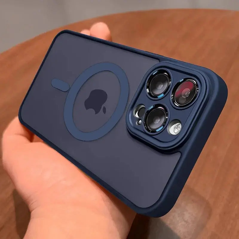 Simples Market Luxury Matte Armor MagSafe case for iPhone 11–17, navy blue, shockproof with camera protection