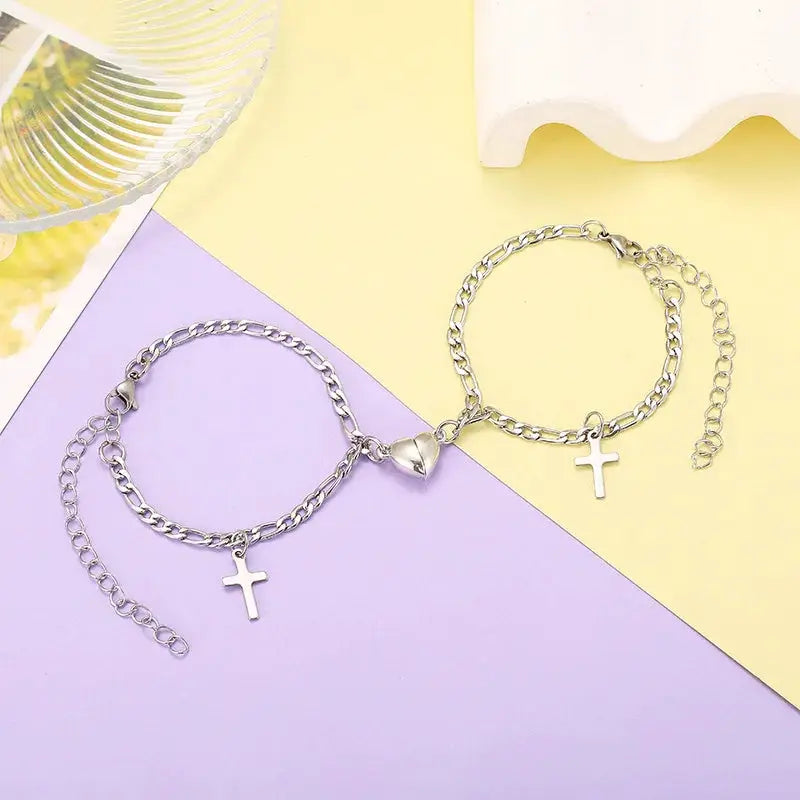 Two Piece Set Magnetic Couple Bracelets Heart Attraction Stainless Steel Cuban Chain Key Lock Jewelry Gifts