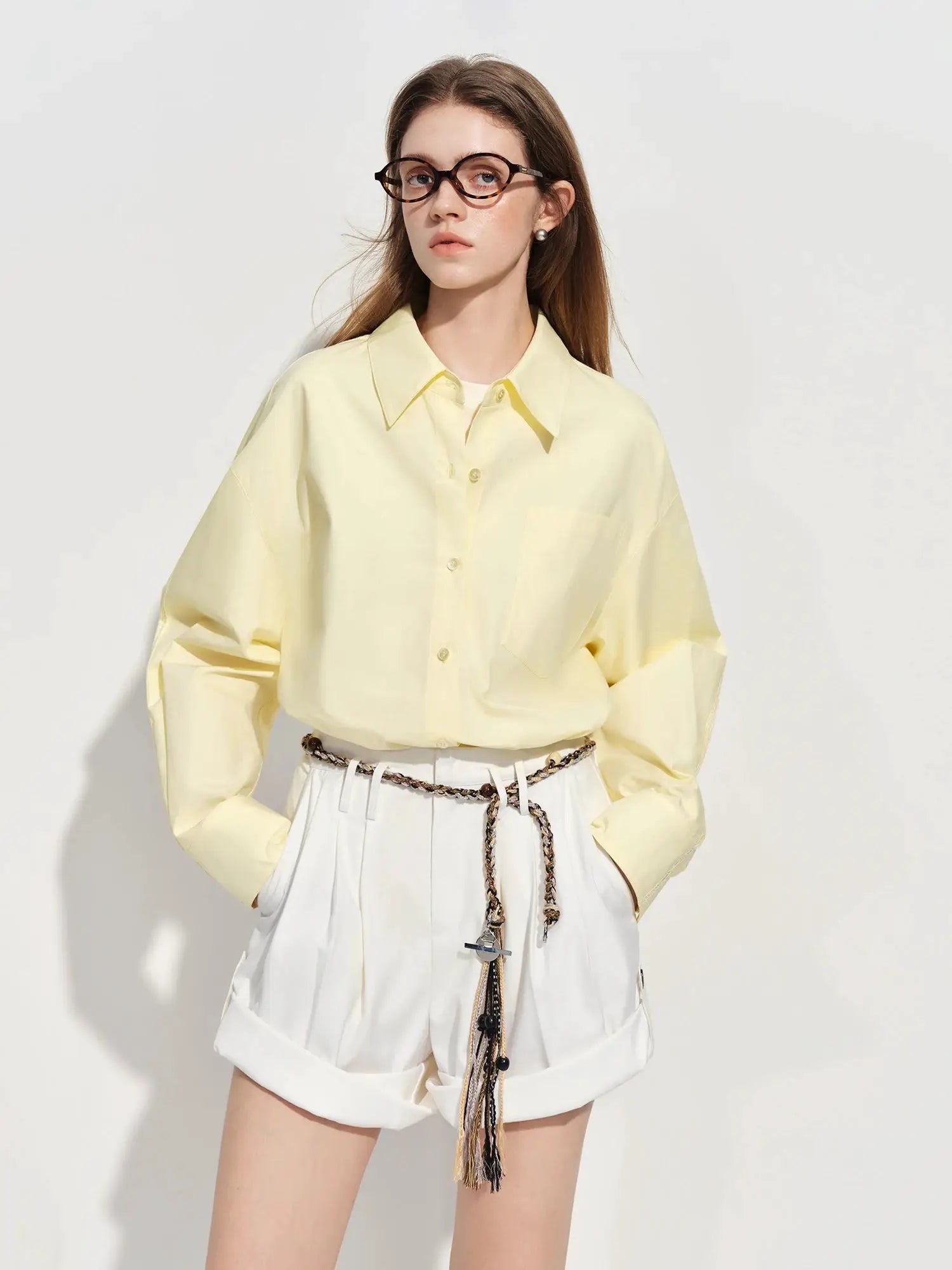 FSLE Premium Series women's loose-fit cotton shirt, pale yellow, long sleeves, oversized blouse