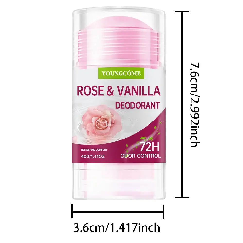 Rose & Vanilla Deodorant Stick by YoungCome with pink cap; 72H odor control.