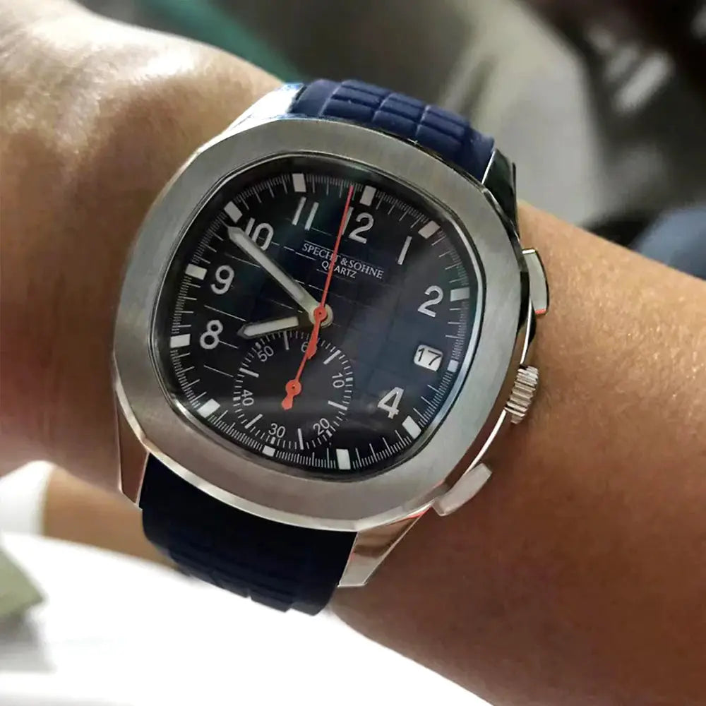 Specht & Söhne men's sport watch on blue rubber strap, stainless steel case, black dial with white numerals and orange hands, date window