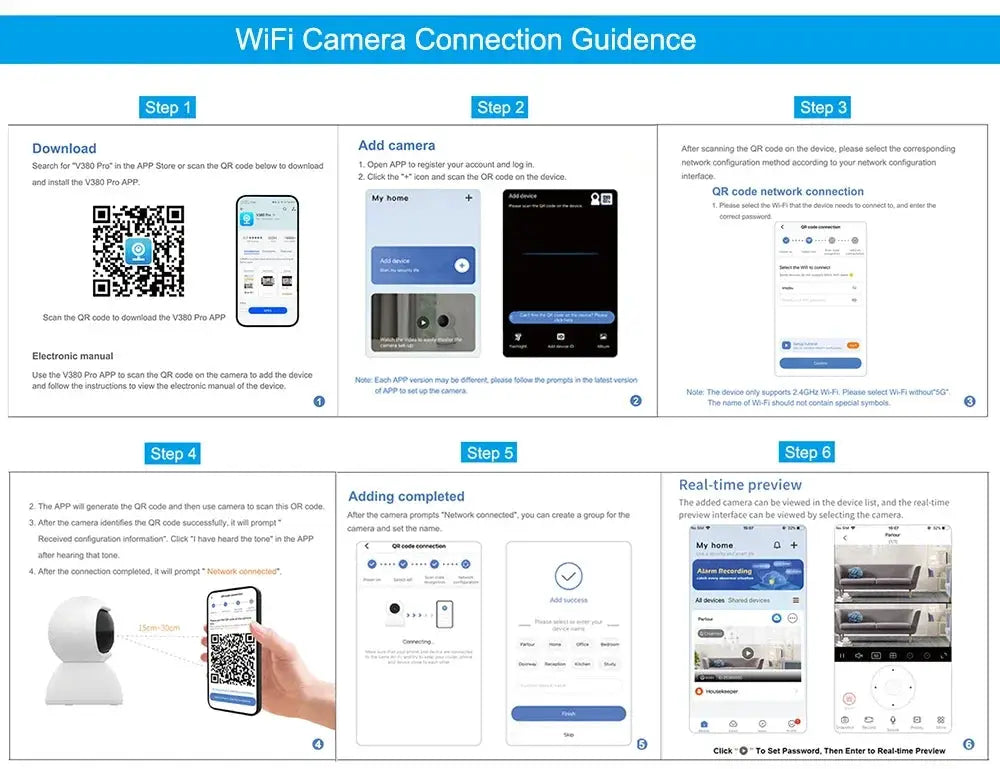 V380 Pro solar WiFi IP camera setup guide by Simples Market; six-step QR code instruction with white camera.