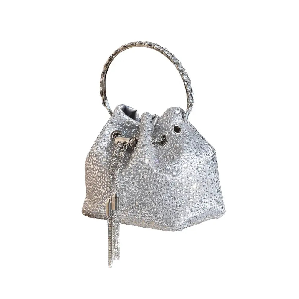 Evening rhinestone clutch bag in silver with crystal-studded body and tassel detail