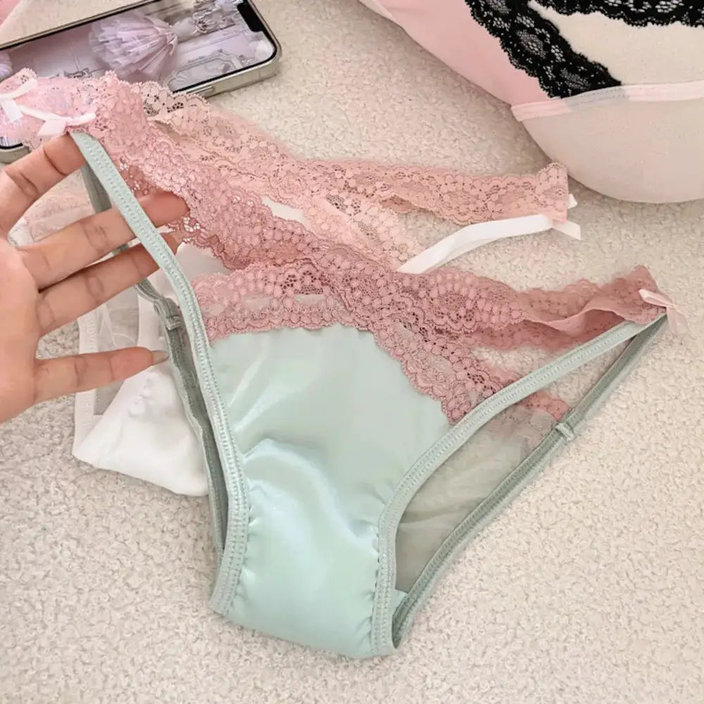 Low-waist lace panty with pink floral lace overlay and mint satin panel, bow detail