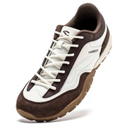 HOBIBEAR wide-width hiking shoe, unisex trekking sneaker in white with brown suede accents and non-slip tread.