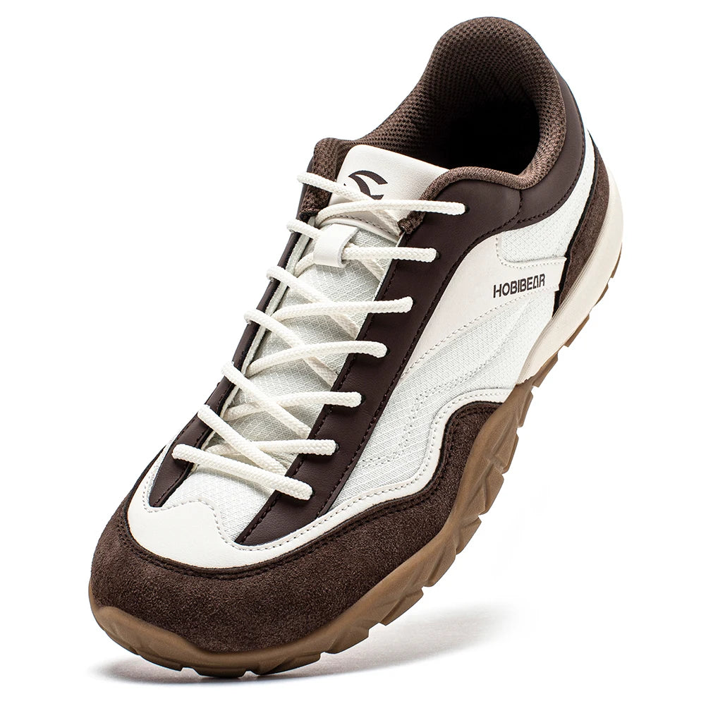 HOBIBEAR wide-width hiking shoe, unisex trekking sneaker in white with brown suede accents and non-slip tread.