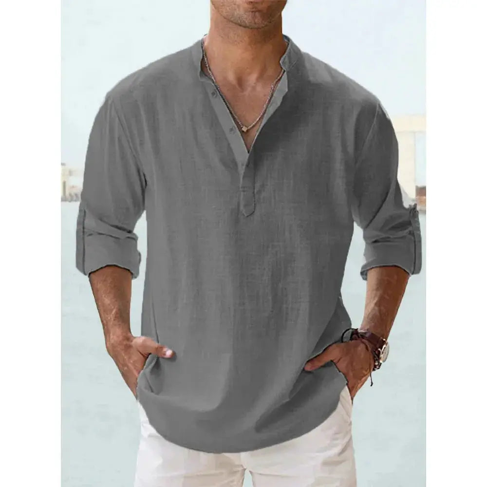 Men's Cotton Linen Blend Short Sleeve Henley Shirt For Summer Casual Beach Vacation