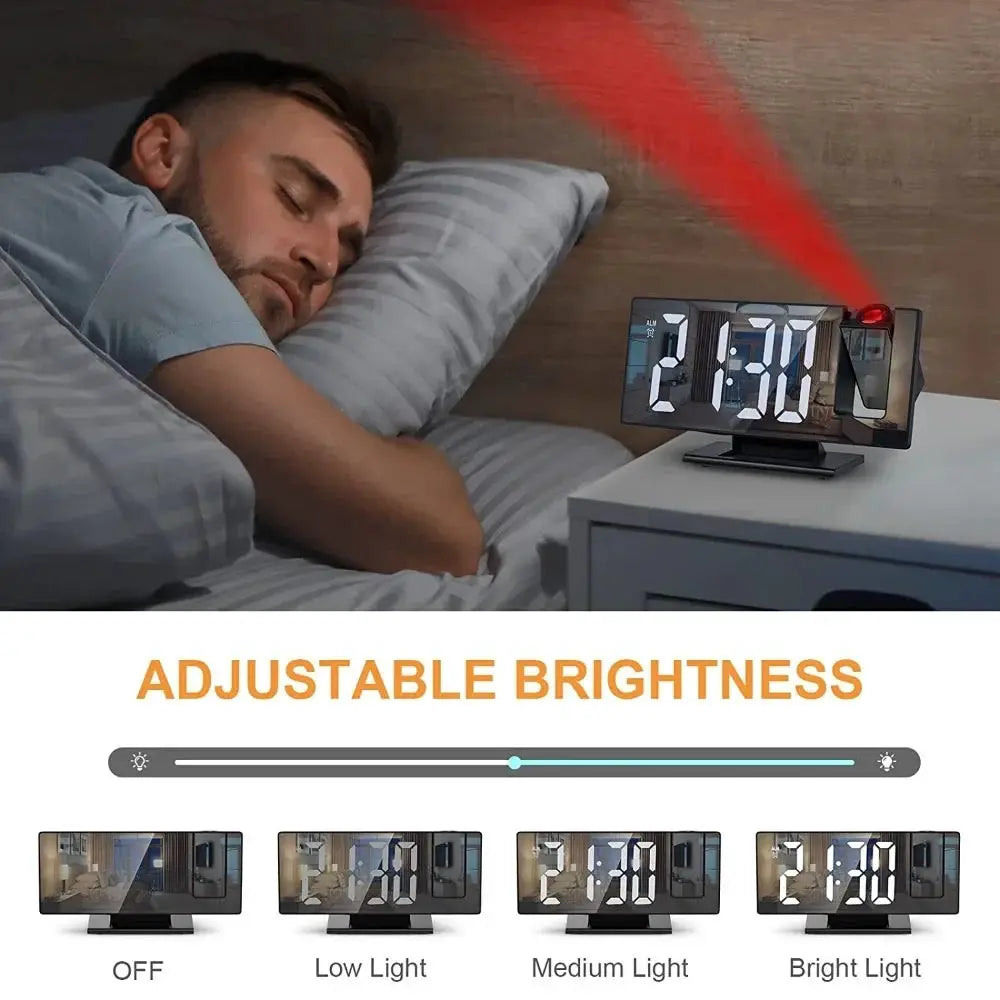 USB powered digital alarm clock with 180° projection, red LED display, adjustable brightness.