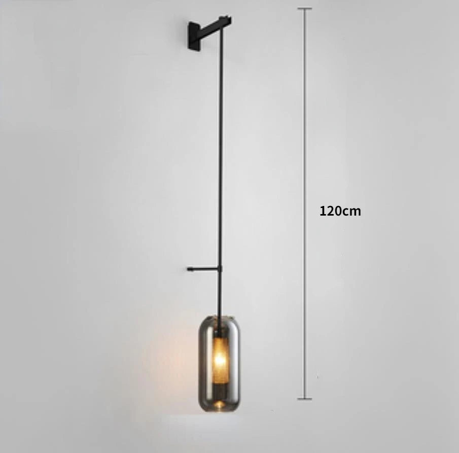 Simples Market modern glass wall light sconce with black metal frame and cylindrical glass shade, LED bulb, 120cm drop
