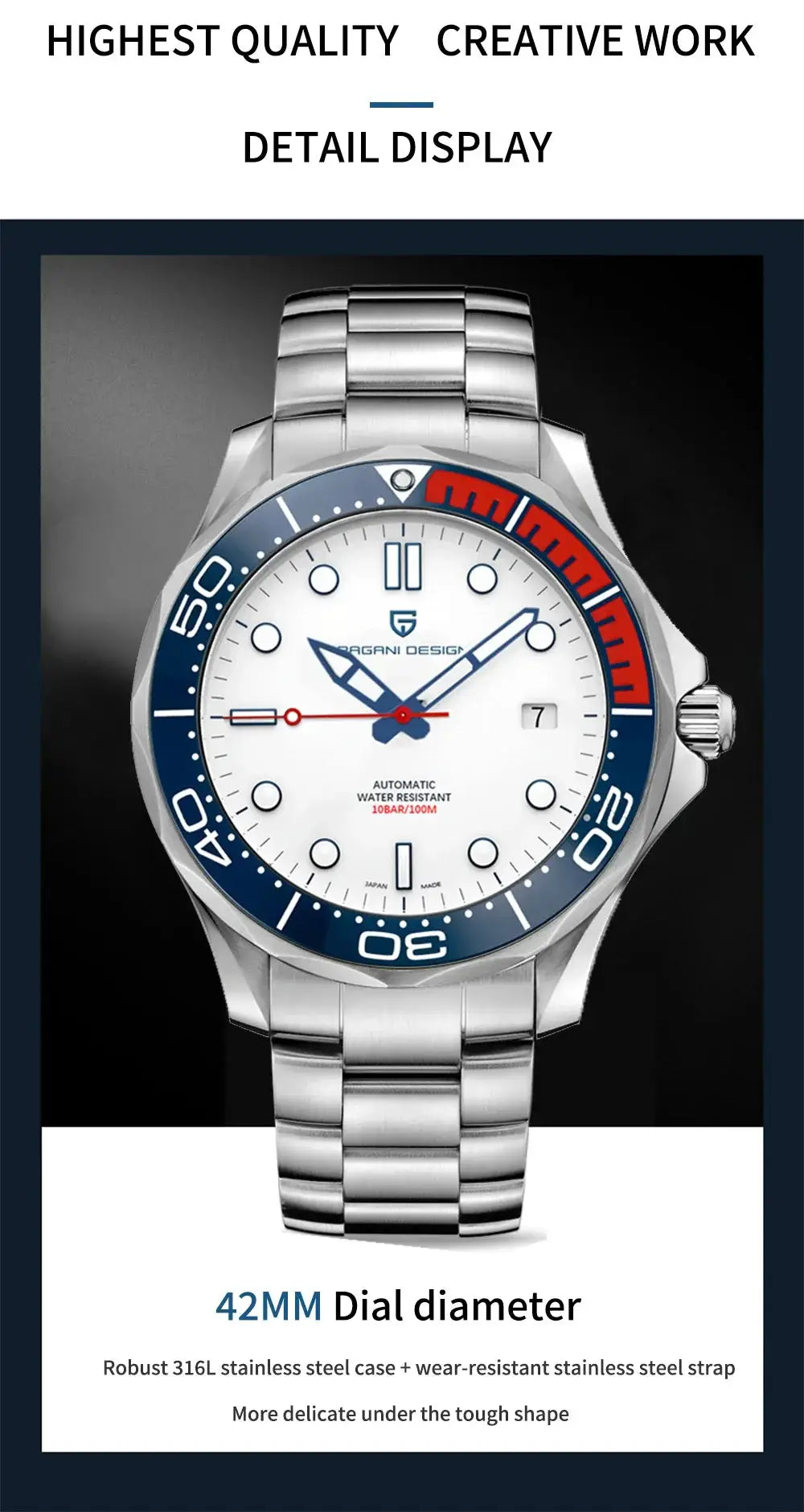 Pagani Design men's automatic watch with white dial, blue bezel, stainless steel bracelet, date window.