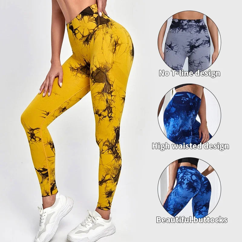 Women's tie-dye high-waist leggings by Simples Market; 3 color options shown, breathable yoga pants