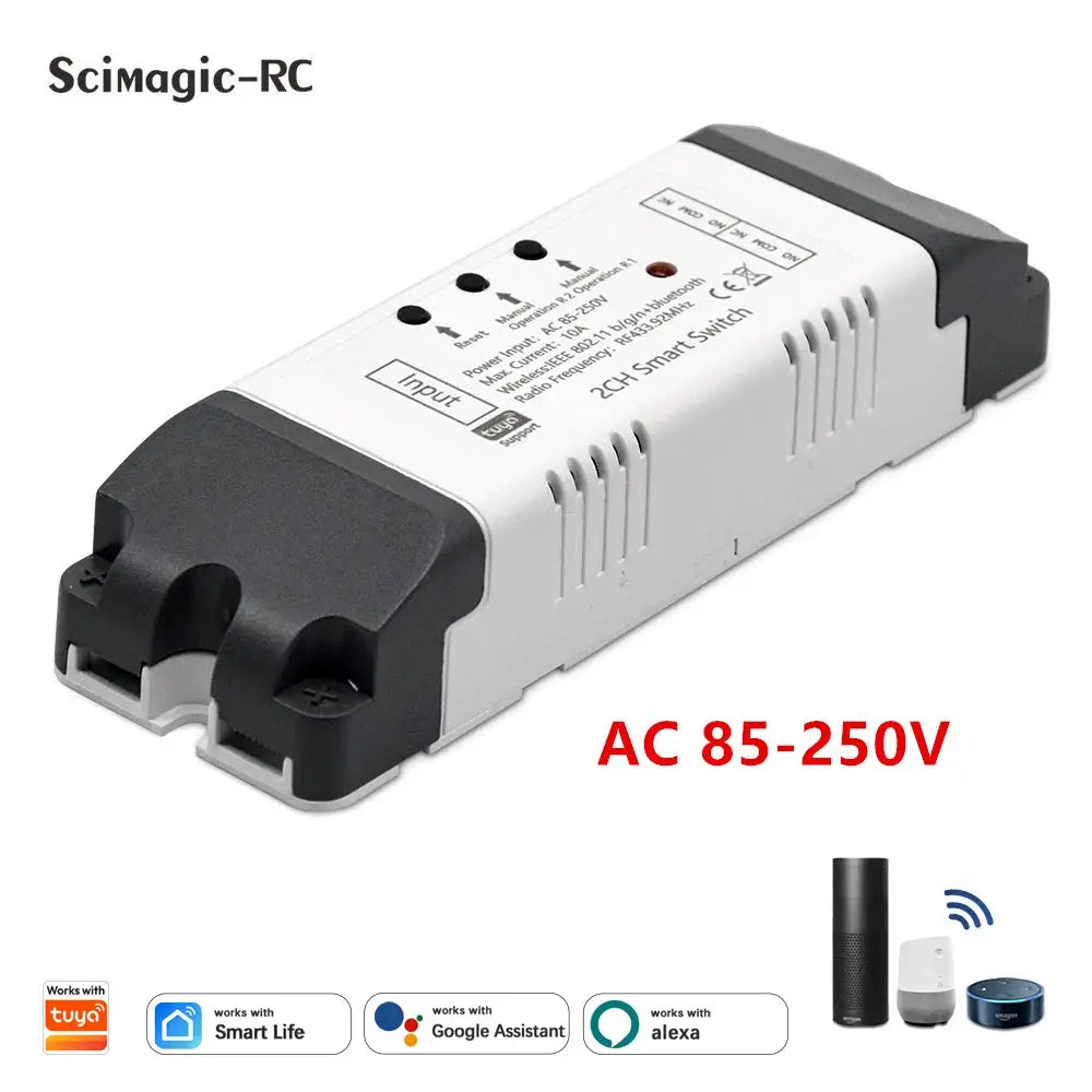 Scimagic-RC 2CH WiFi smart relay module for garage gate, white with black end caps, AC85–250V