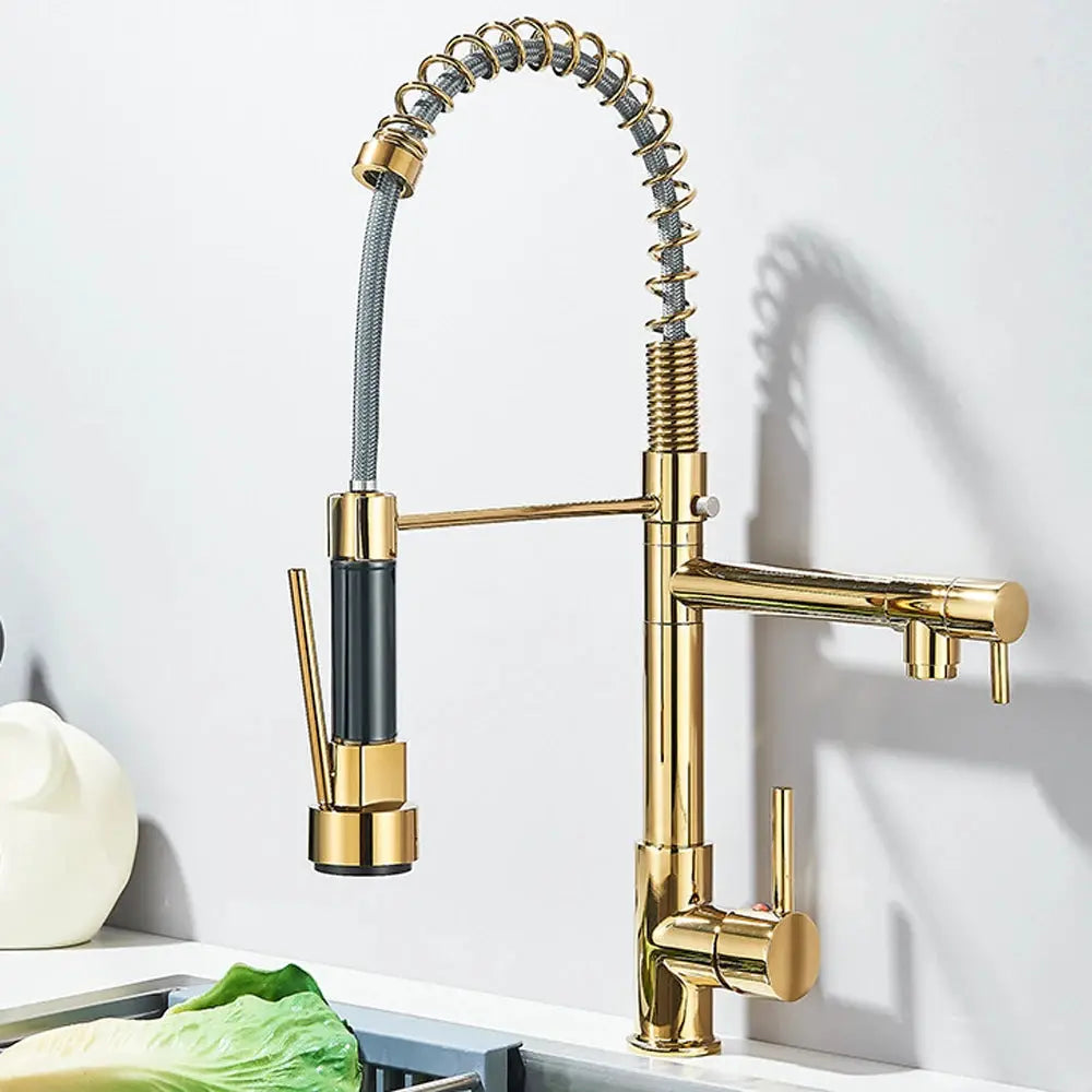 Pull-down kitchen faucet with gold finish, spring hose and dual swivel spout
