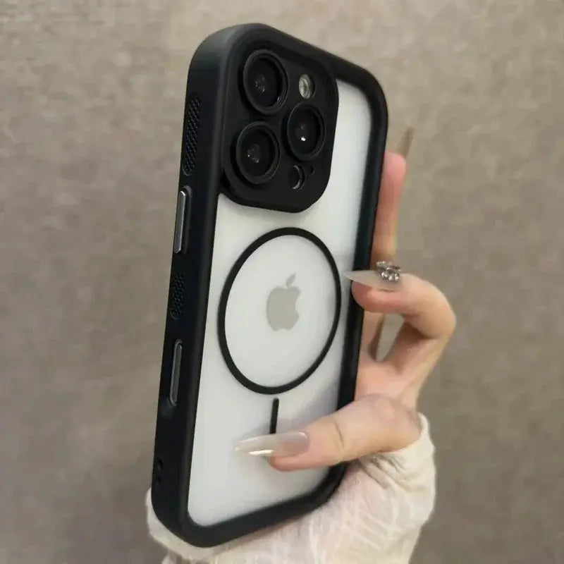 Trendy 2-in-1 skin-feel iPhone case with MagSafe ring, black bumper, white back
