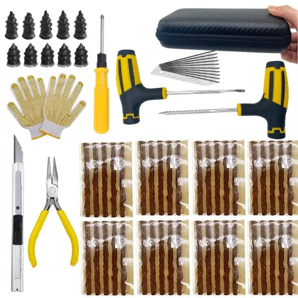 ZFOUEK auto tire repair kit with plug strips, gloves, pliers, knife, and carrying case