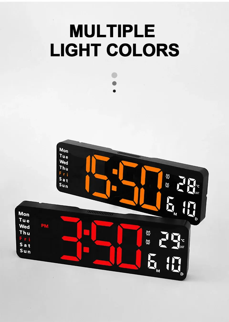 Large digital wall clock by Simples Market remote, temp/date and dual alarms; black with orange LED digits; 2 clocks