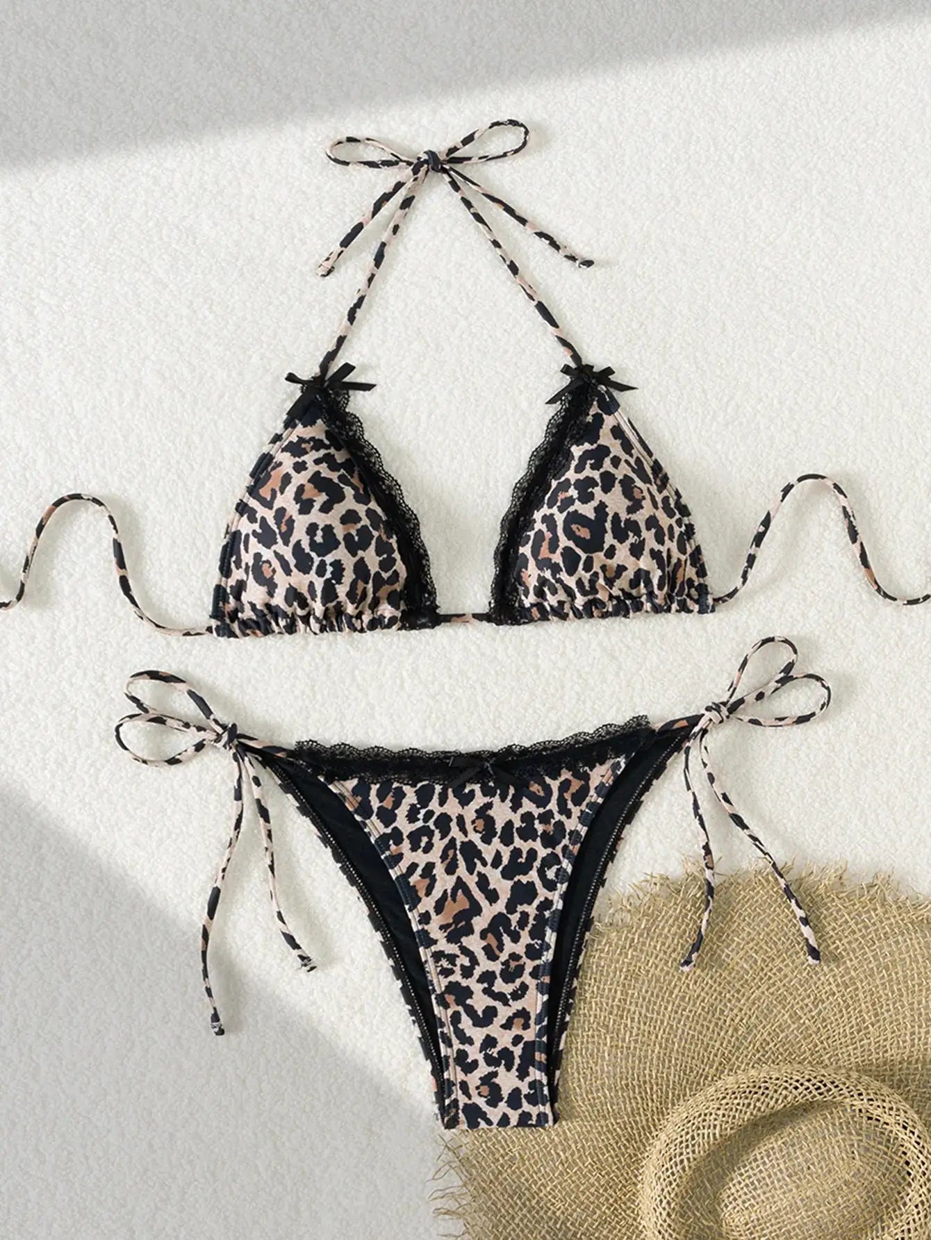 2-piece leopard print triangle bikini set with push-up top; black lace trim, Brazilian bottoms by Simples Market