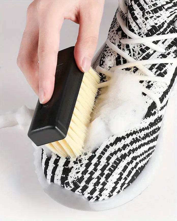 2pc dual-strength shoe brush set with soft white and firm black bristles and a black plastic handle.
