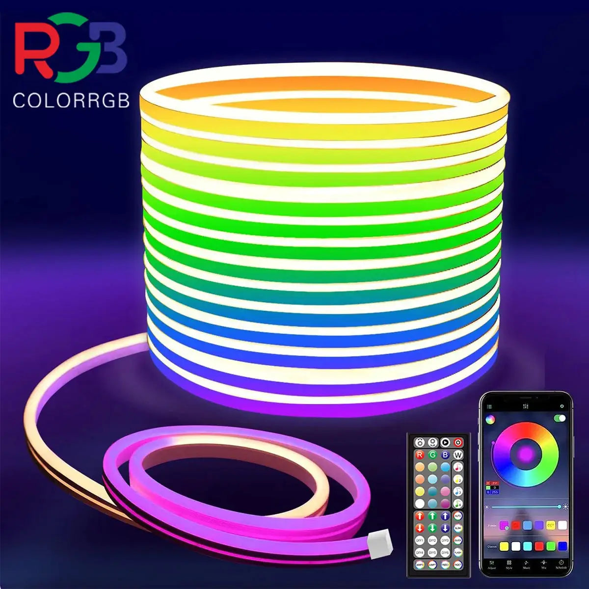 Neon LED Rope Lights RGB strip by Simples Market; flexible light rope with remote and app control for bedroom decor
