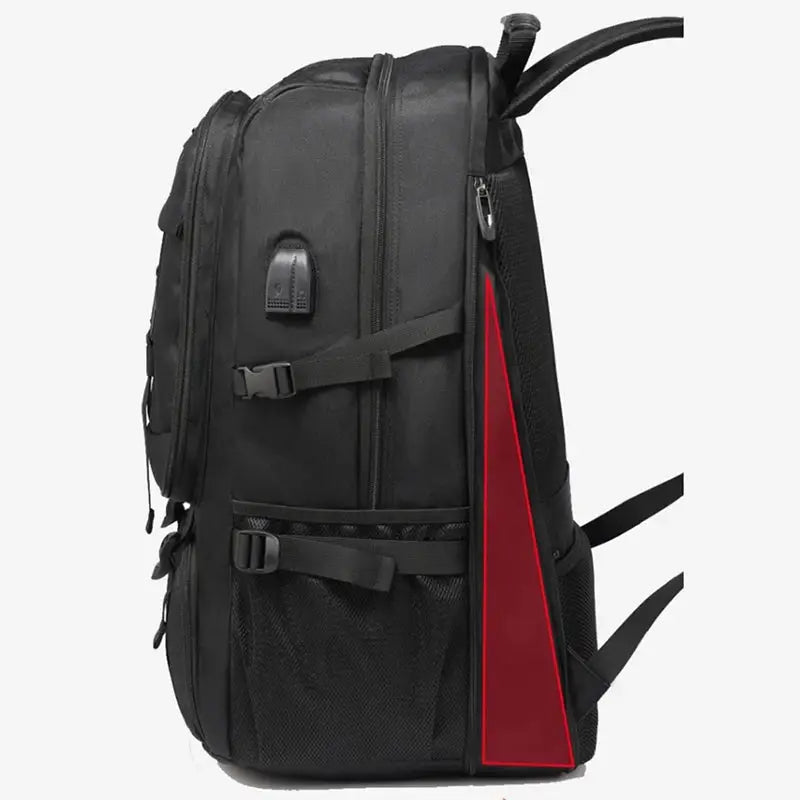 Side view of a large capacity travel backpack showcasing its spacious compartments and sleek design.