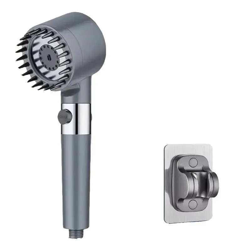 Simples Market handheld showerhead with three-mode massage head in gray; includes wall-mount plate (2-piece set)