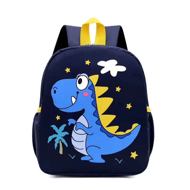 Kindergarten backpack by Simples Market, navy blue canvas with yellow handle and dinosaur graphic