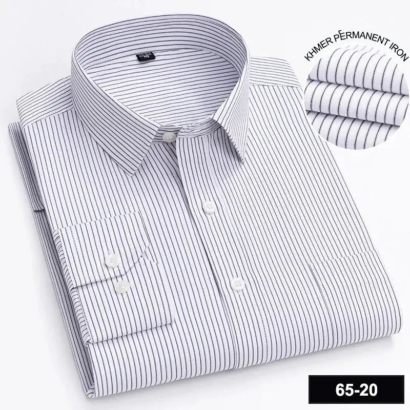 Men's long sleeve striped shirt with single pocket; white with blue pinstripes.