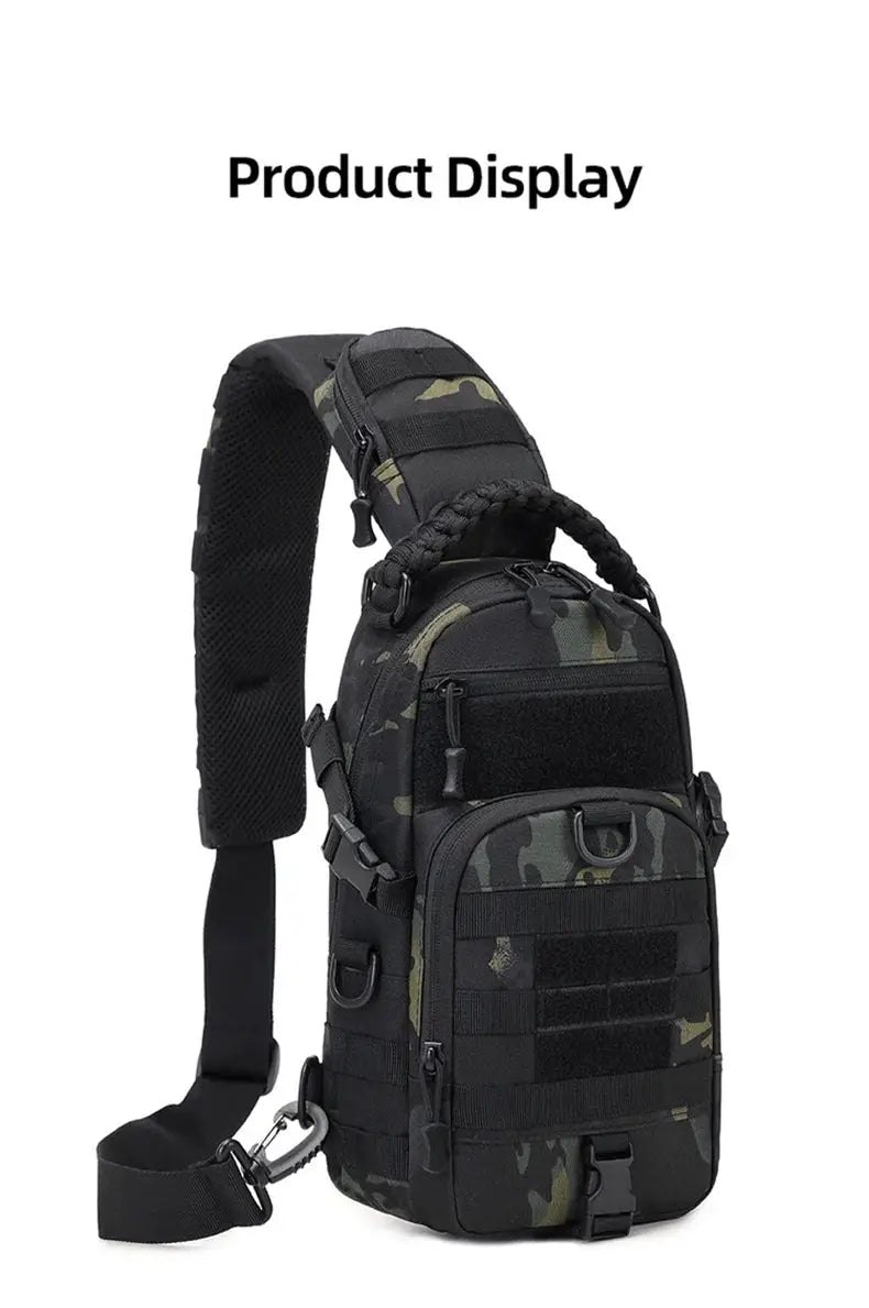 Tactical chest bag with MOLLE system in black camouflage, multi-pocket sling pack for camping hiking