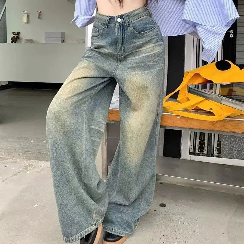 Vintage Y2K Wide Leg High Waisted Denim Jeans For Women Button Fly