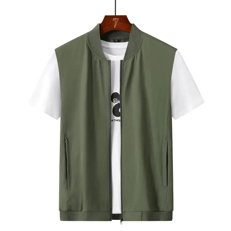 Men's olive green quick-dry mesh vest with front zipper and side pockets