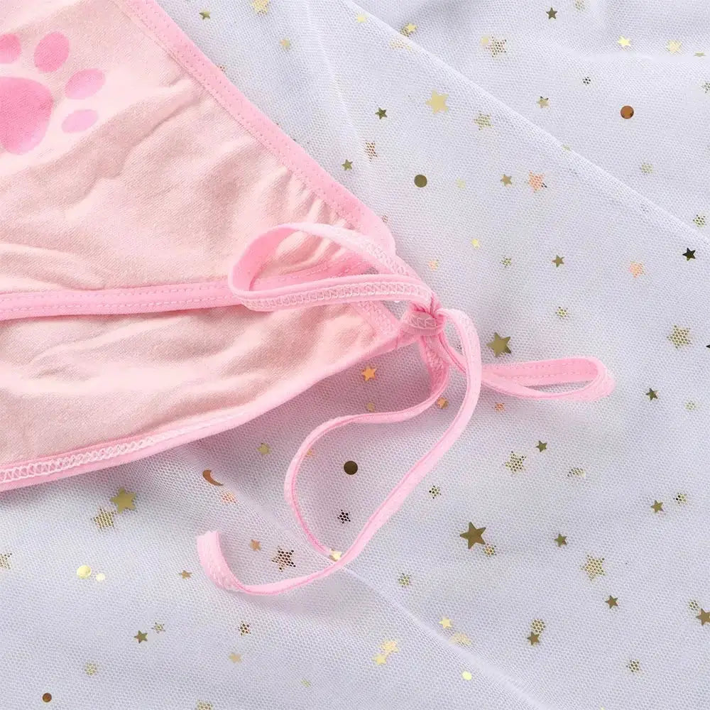 Pink bandage Lolita panties with string ties, paw-print detail, low waist