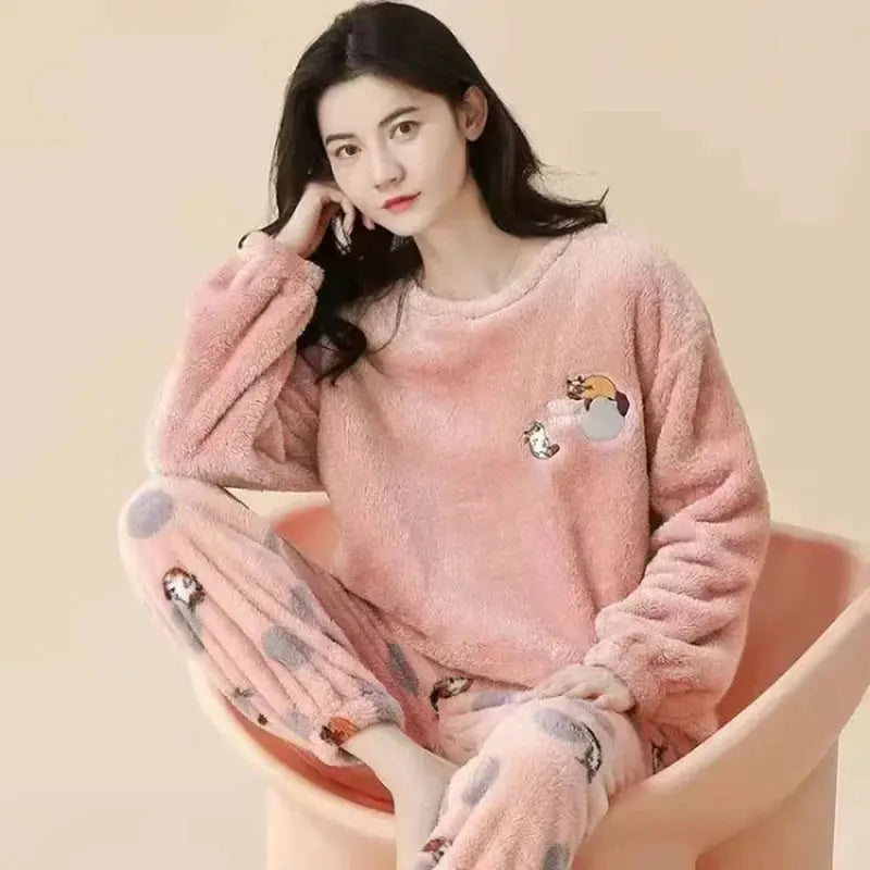 CozyNest Thickened Flannel Women Sleepwear Set Padded Bear Two Piece Nightwear For Autumn Winter Warm Coral Velvet
