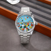 Classic men's quartz wristwatch with stainless steel bracelet, blue dial with colorful circles and a date window.